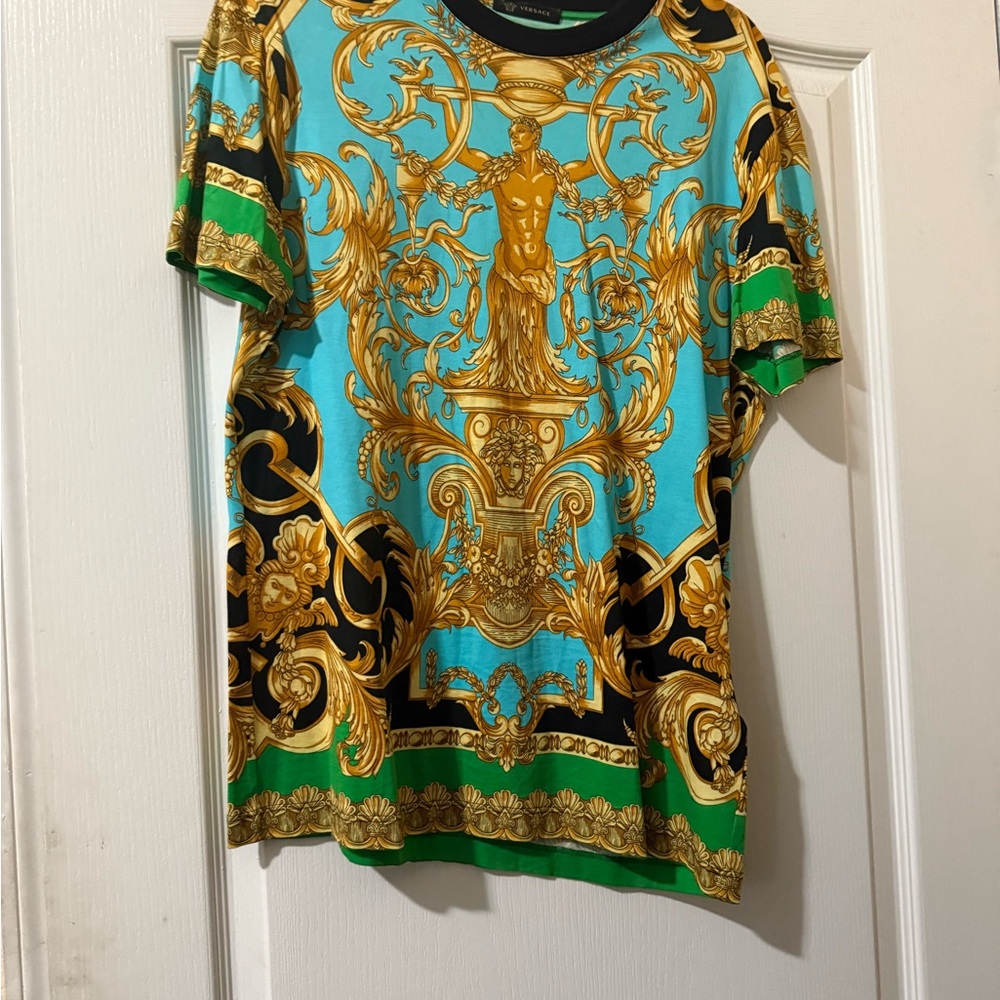 VERSACE Baroque Style T-Shirt in Blue and Gold